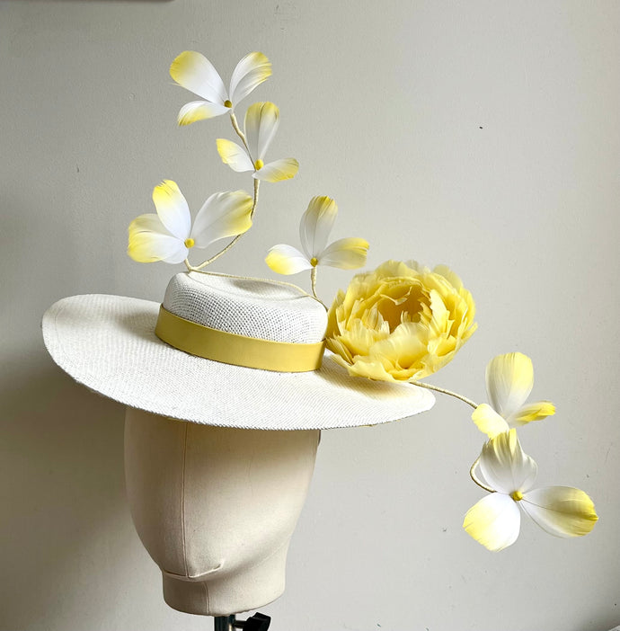 Alice - Yellow and White Boater Hat
