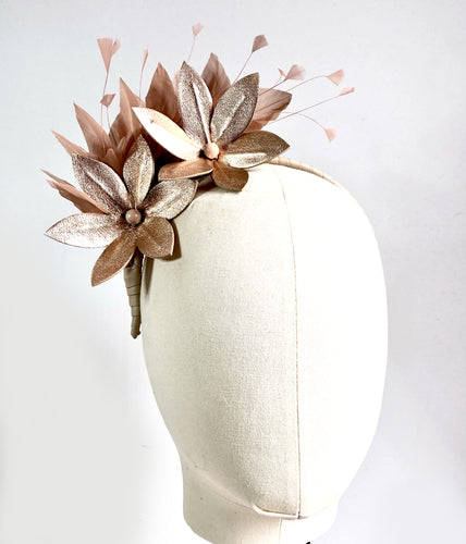 Kat - Rose Gold & Latte Leather and Feather Fascinator - MM844