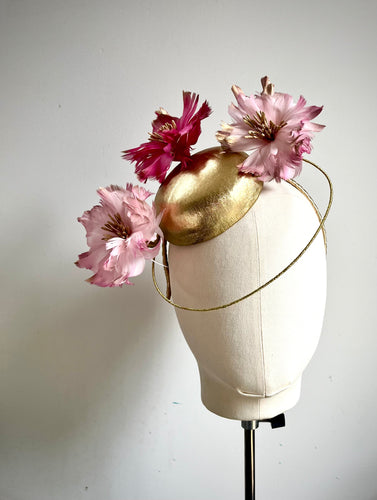 Peyton - Pink &  Gold Leather & Feather Fascinator