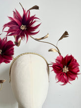 Celina - Burgundy Feather Flower Fascinator
