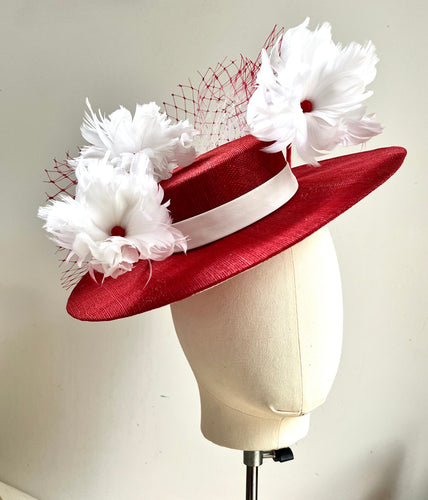 Izzie - Red & White Floral Boater Hat - MM1169