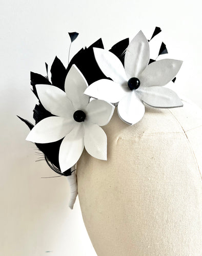 Kat - Black & White Leather and Feather Fascinator - MM844