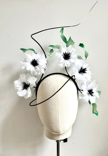 Mona - White, Black & Green Feather Flower Fascinator