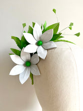 Addie - Green & White Leather & Feather Fascinator