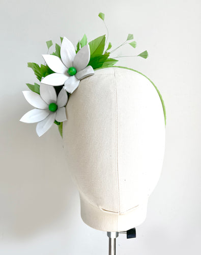 Addie - Green & White Leather & Feather Fascinator