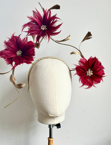 Celina - Burgundy Feather Flower Fascinator