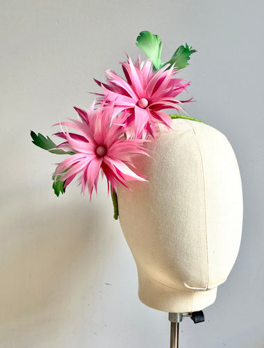 Shandi - Pink & Green Feather Fascinator
