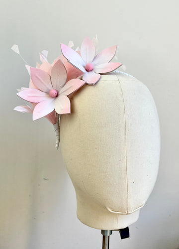 Addie - Pink  & White Leather & Feather Fascinator