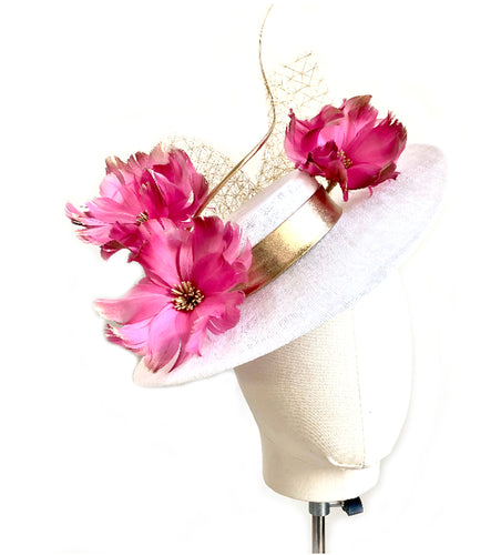 Izzie - White, Pink & Gold Floral Boater Hat - MM1167