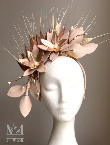 Georgie - Nude and Rose Gold Leather Fascinator - MM301