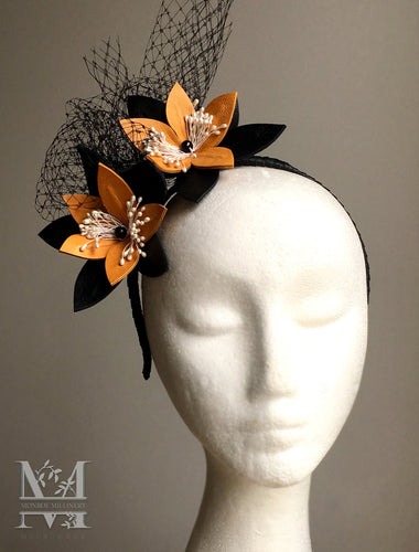 JoJo - Mustard & Black Leather Fascinator - MM297