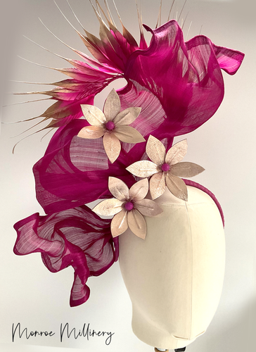 Kara - Pink Silk & Rose Gold Leather Fascinator - MM690