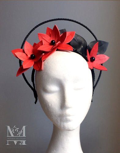 Maeve - Black and Red Leather Fascinator - MM307