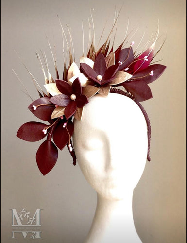 Georgie - Burgundy & Rose Gold Leather Fascinator - MM303