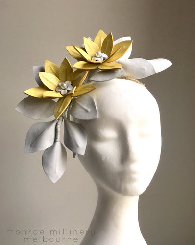 Sonny - Yellow and White Leather Fascinator - MM336