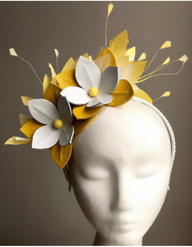 Beck - Yellow & White Leather & Feather Fascinator - MM308